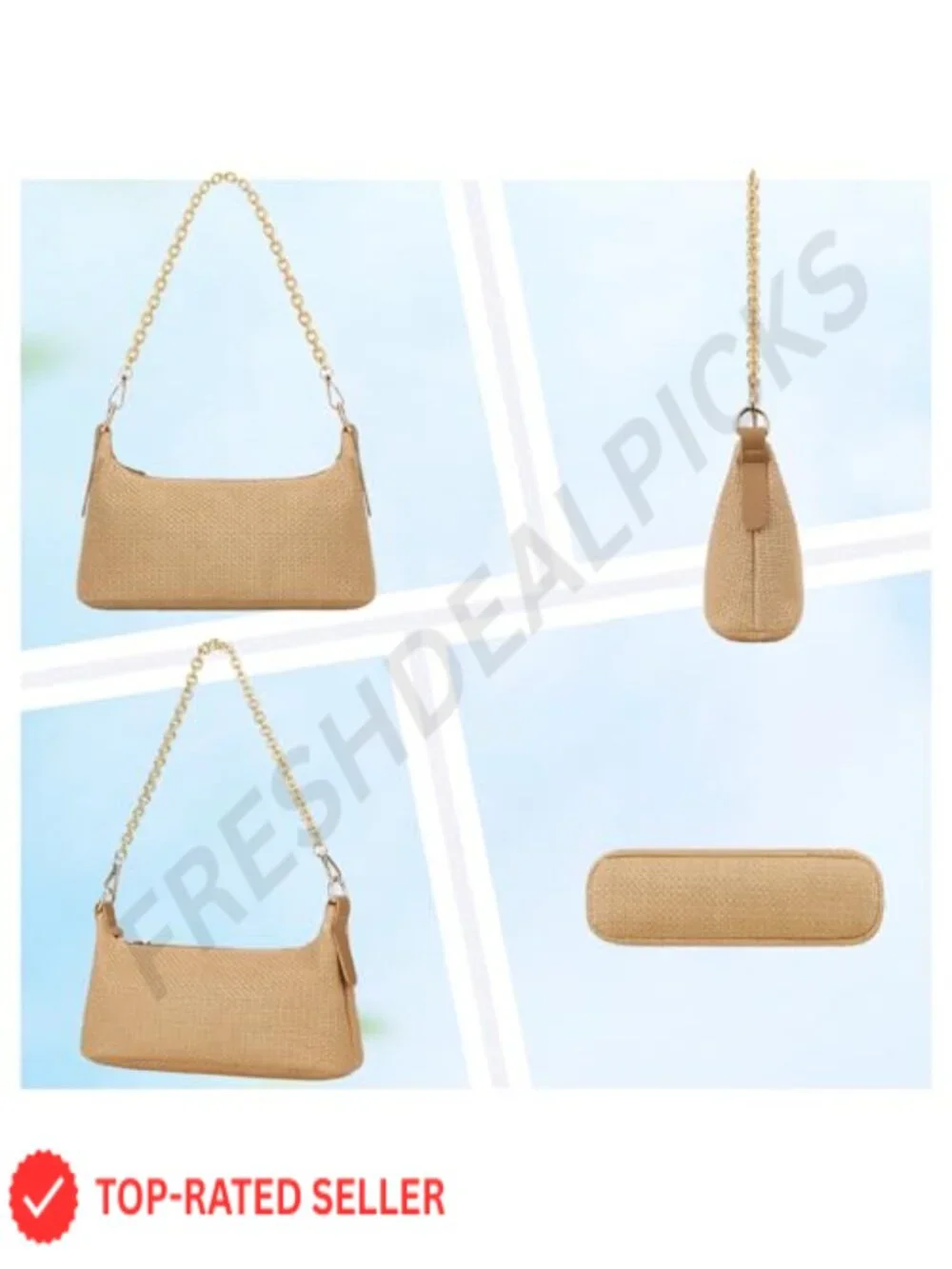 Boho Woven Raffia Hobo Purse with Charm Chain Shoulder Bag for Women